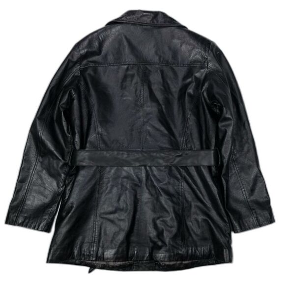 VINTAGE Wilsons Leather 90s Button Down Belted Wrap Coat Large Black Y2k 90s - Picture 5 of 7